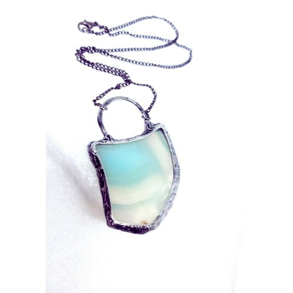 Blue agate crystal necklace handmade gothic metalwork fantasy jewelry beach gems - Picture 9 of 12